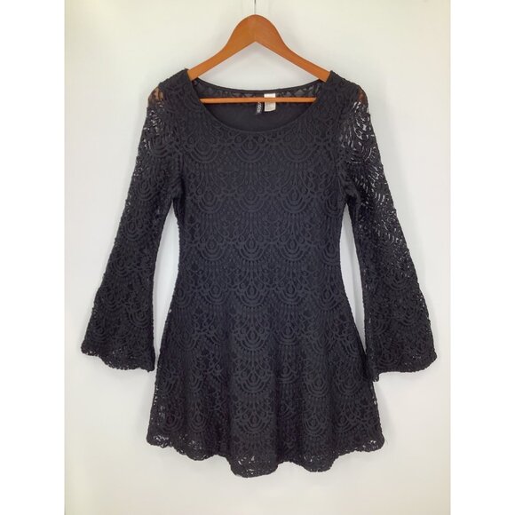 H&M Divided Women's Black 10 Lace Overlay Bell Sleeve Mini Dress - Picture 3 of 8